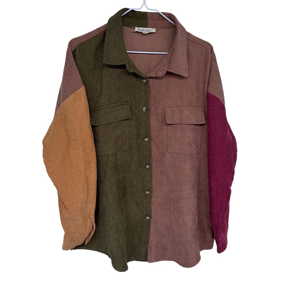 Peach Love California Colorblock Corduroy Button Down Shirt Women Med. Colorful